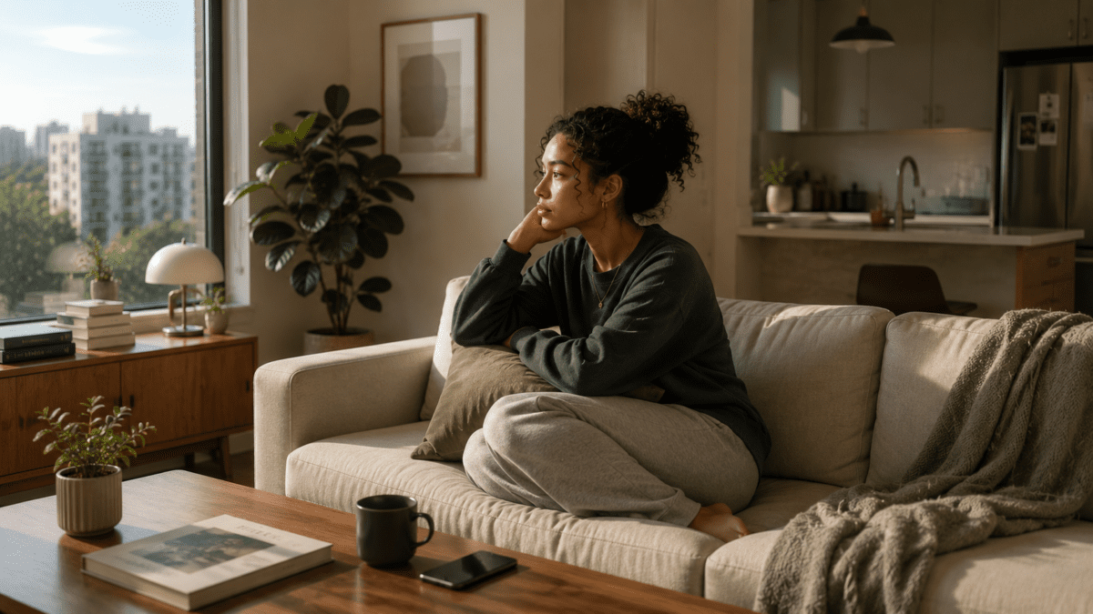 A woman sits alone on a sofa, staring out — stability all around her, yet emotional safety still feels wrong when the nervous system is waiting for chaos that never comes.
