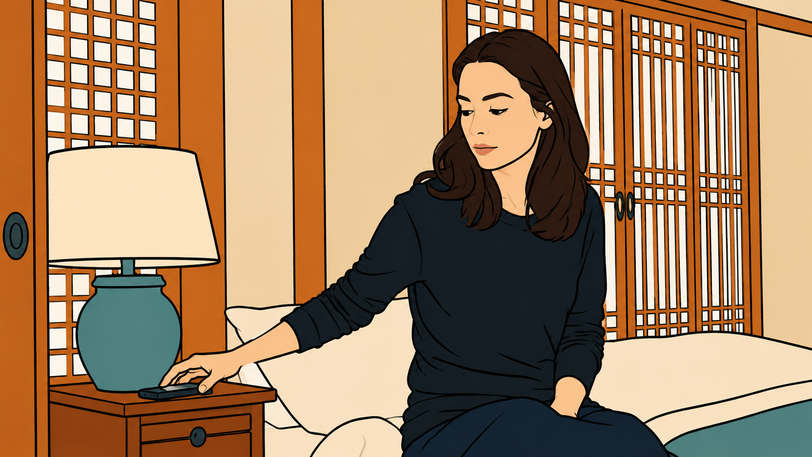 Illustration of a woman setting her phone face-down at night, ready for bed — choosing to stop asking permission