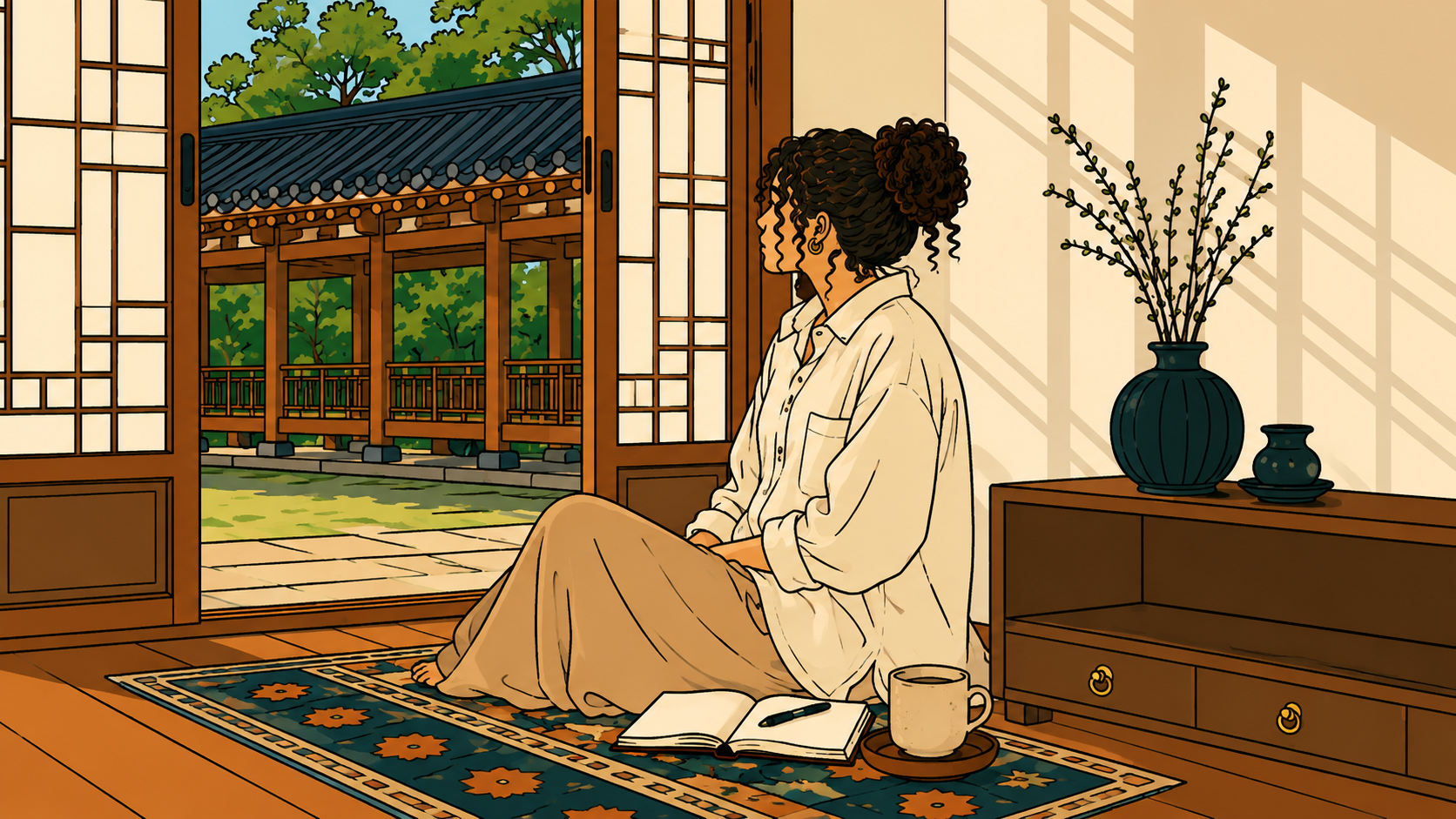 An illustrated woman sits on a hanok floor with an open notebook and ceramic mug, pausing between stress and habits — traditional Korean architecture and blue celadon vases framing the quiet interior.
