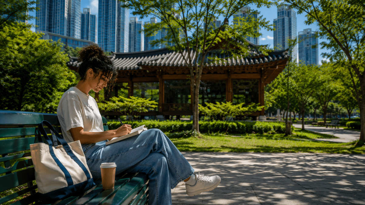 Woman writing in a notebook on a park bench in Seoul, a traditional pavilion behind her and skyscrapers beyond the trees.