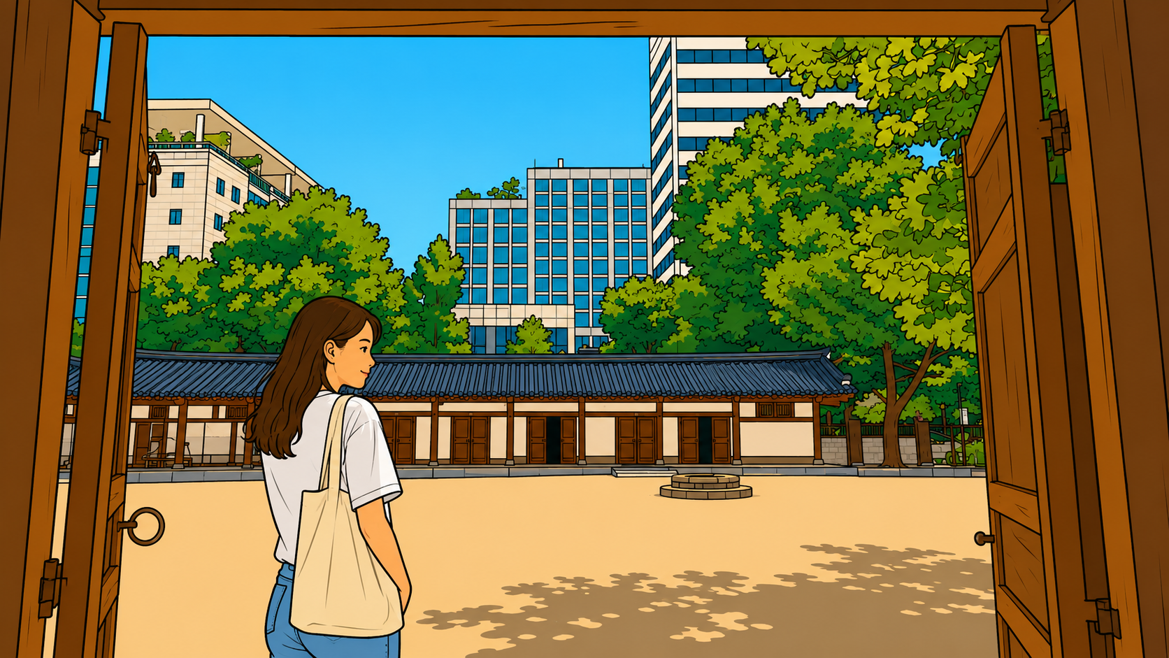 Survival Quiet folk painting thumbnail. A solitary figure stands in a traditional courtyard, reflecting on silence, resilience, and personal growth.