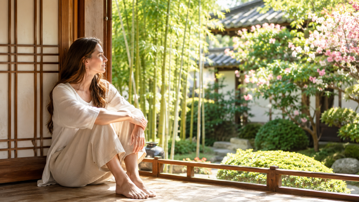 A Western woman sitting on a hanok wooden floor, looking out at a traditional Korean garden — exploring the ten forces of K-Saju.