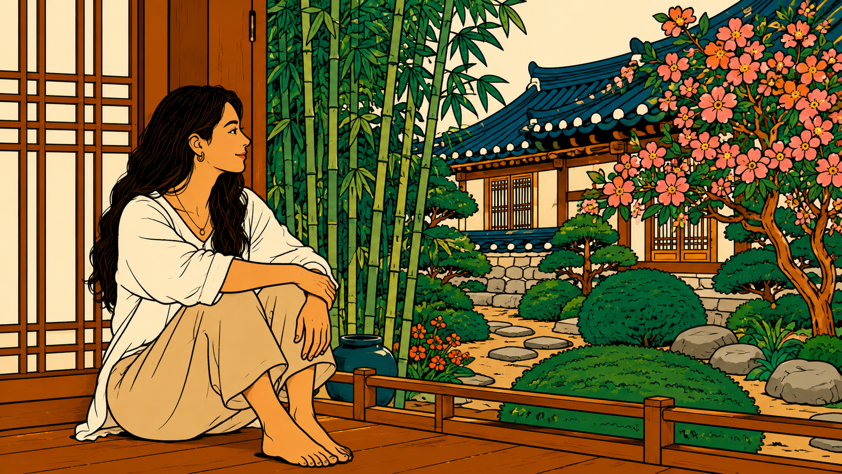 A woman sitting on a hanok wooden floor, looking out at a traditional Korean garden — the ten forces of K-Saju illustrated in minhwa style.