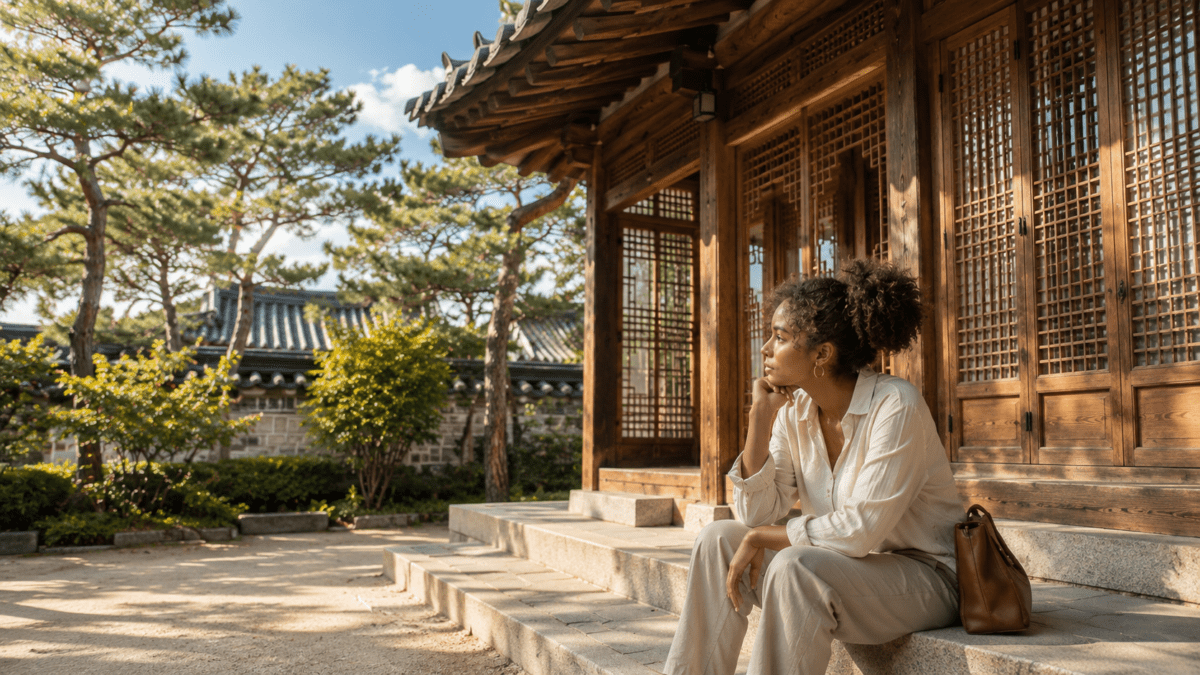 A woman sits alone on hanok steps, gazing out — the stillness of emotional readiness, where relationship timing finally lets you see who was always there.