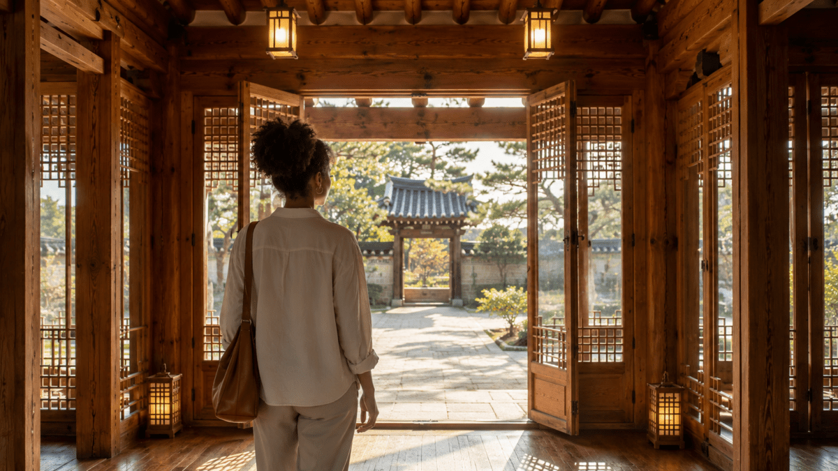 A woman stands at open hanok doors facing the gate — the threshold where relationship timing shifts and a different connection becomes possible.