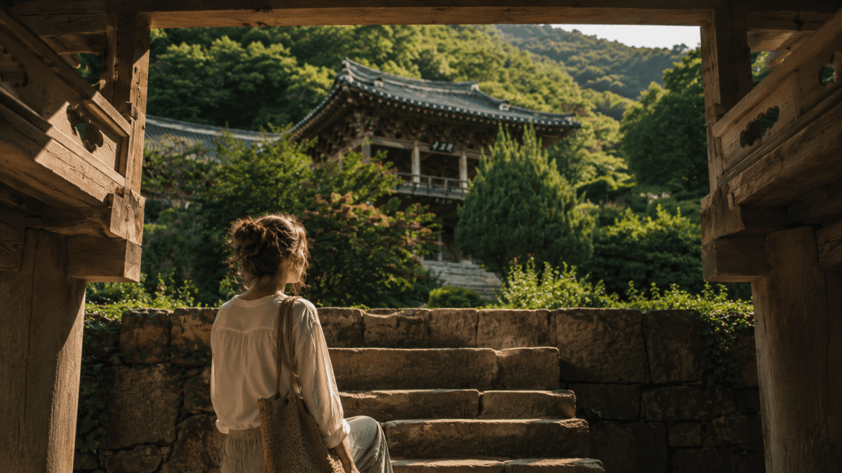 A woman sits on stone steps at a Korean temple gate, looking up at the traditional structure in green hills — the moment before familiar behaviors give way when timing changes people.