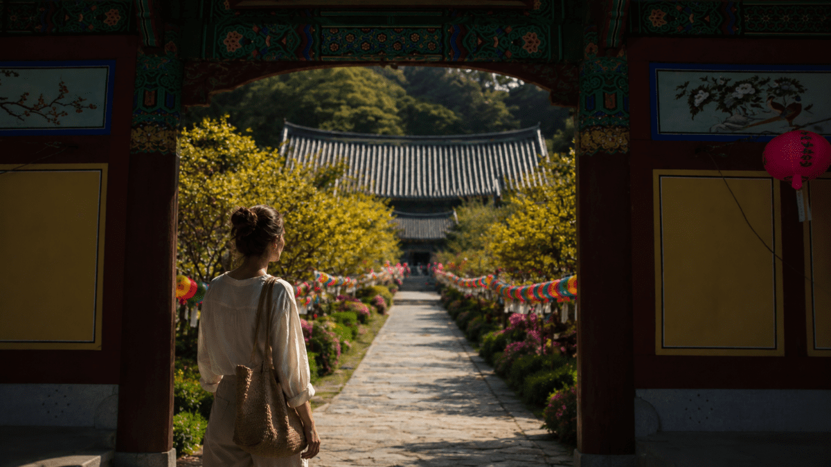 A woman stands at a Korean temple gate looking down a lantern-lined path in spring, pausing at the threshold — a visual of how timing changes people before they know it's happening.