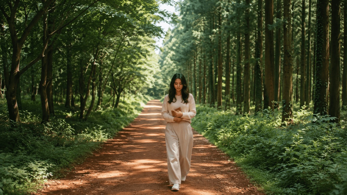A South Asian woman walking alone through a forest path, trusting your own memory again with something small held close as she moves forward.