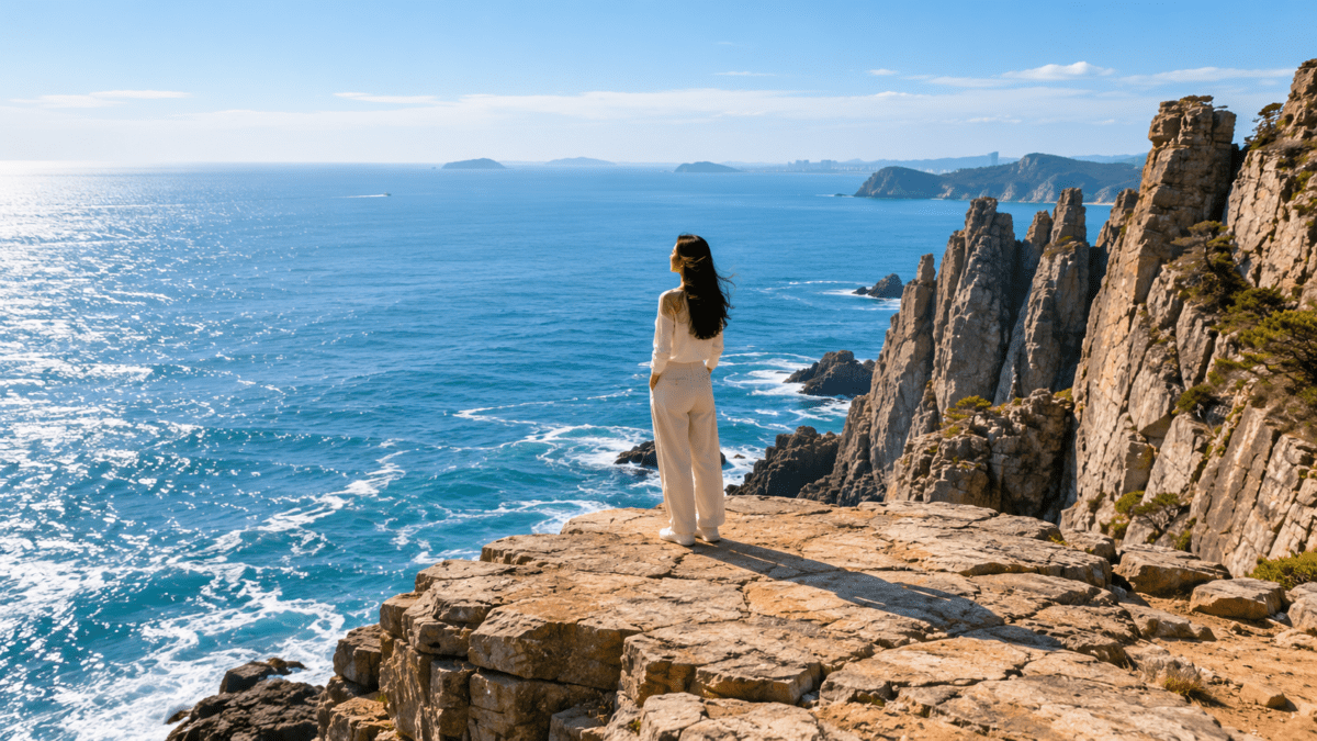 A South Asian woman standing alone on a clifftop, trusting your own memory again as she faces the open sea without looking away.