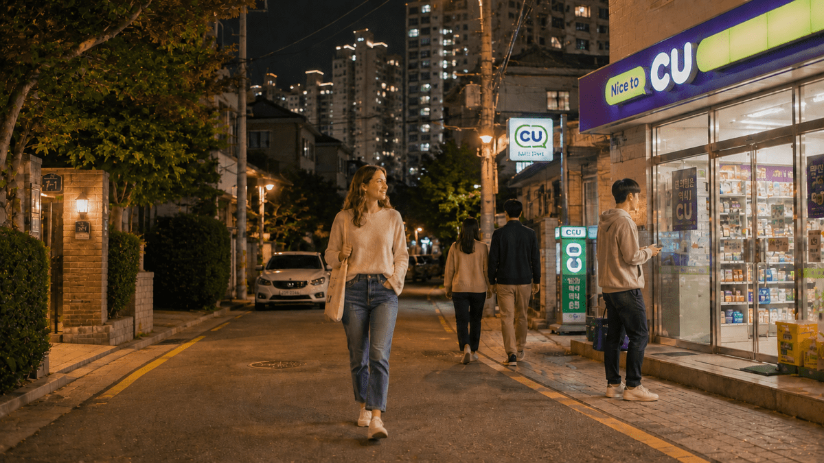 Woman walking alone in Korea — passing a CU convenience store on a Seoul residential street at night, other pedestrians moving separately.