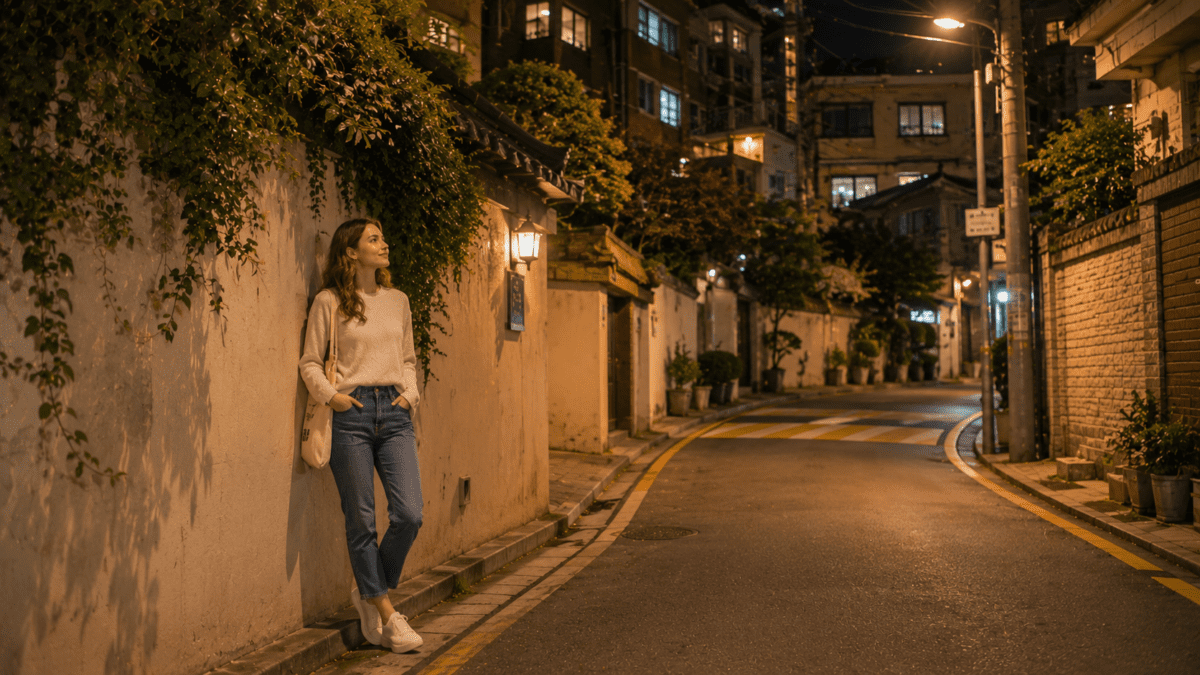 Woman leans against a wall on a quiet Seoul alley at night, hands in pockets, unhurried and undisturbed on a solo evening walk.