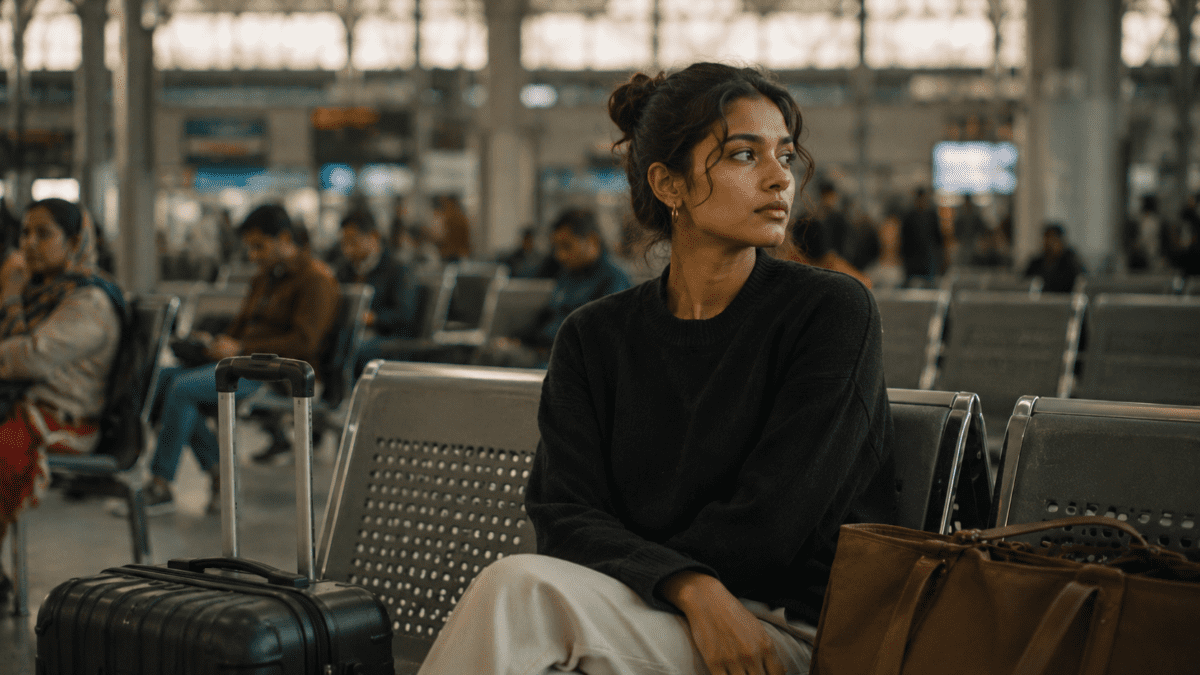 Woman sitting in a busy train station, luggage beside her, learning how to stop people pleasing between departure and arrival.