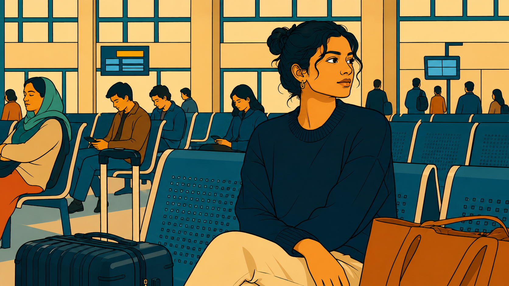 Illustration of woman sitting in a busy train station, learning how to stop people pleasing.
