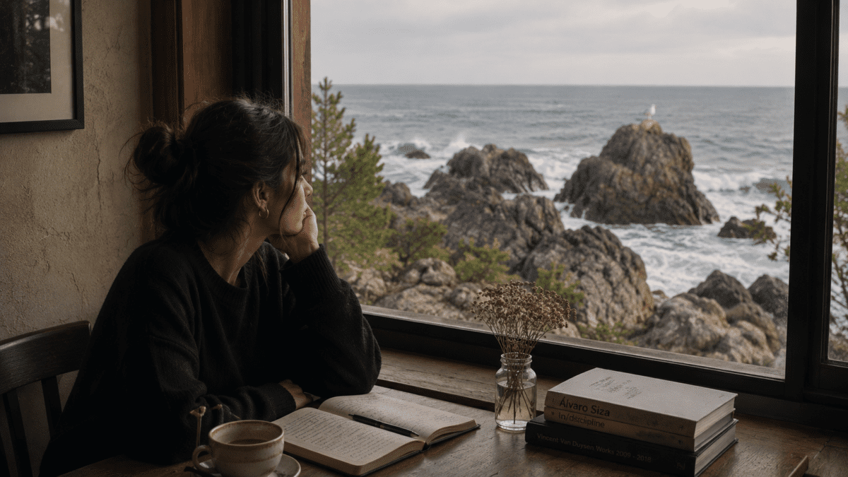 A woman stares out at a rocky coastline from a café table, notebook open and pen down — reading the environment signals that tell her what kills motivation before she can name it.