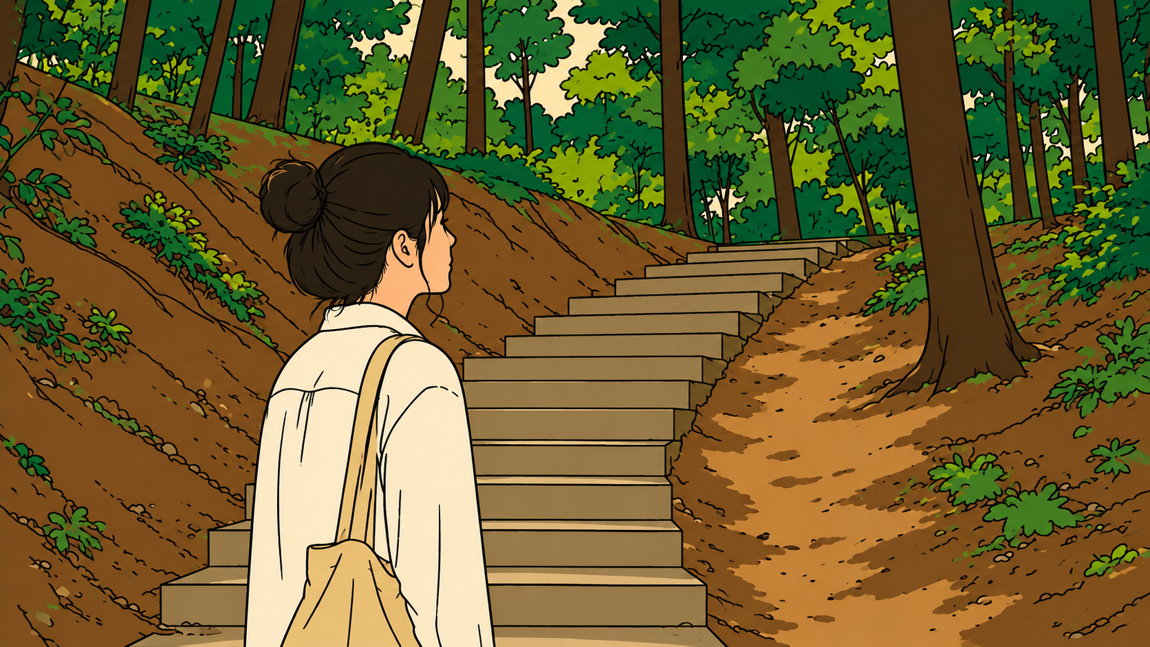 An illustrated woman stands at the bottom of sunlit forest stairs, looking up through golden leaves — a quiet moment of asking what kills motivation before deciding to climb.