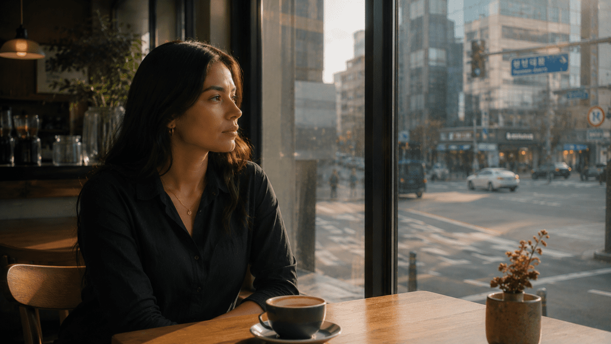 A woman alone by a Seoul café window, coffee untouched, looking at a street that keeps moving.