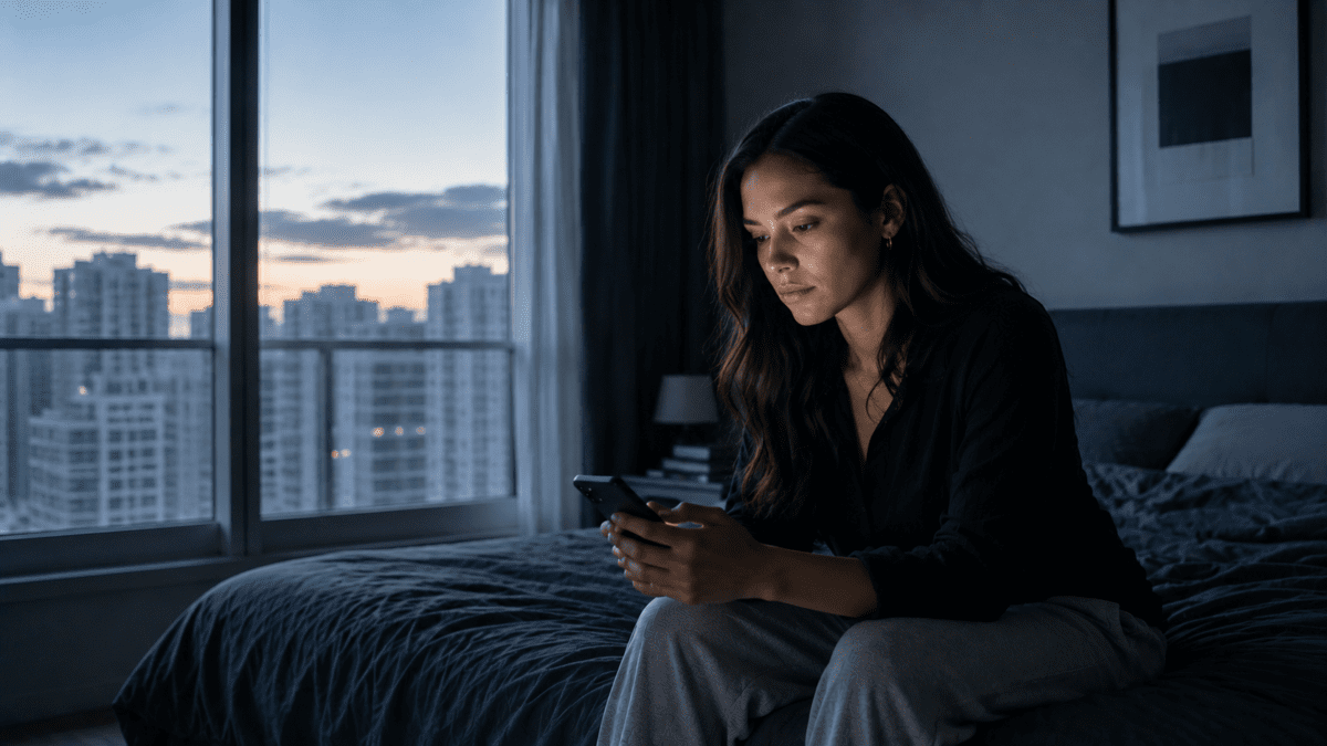 When your life plan stops working, it rarely announces itself — a woman sits on her bed at dawn, staring at her phone in the silence before the day begins.
