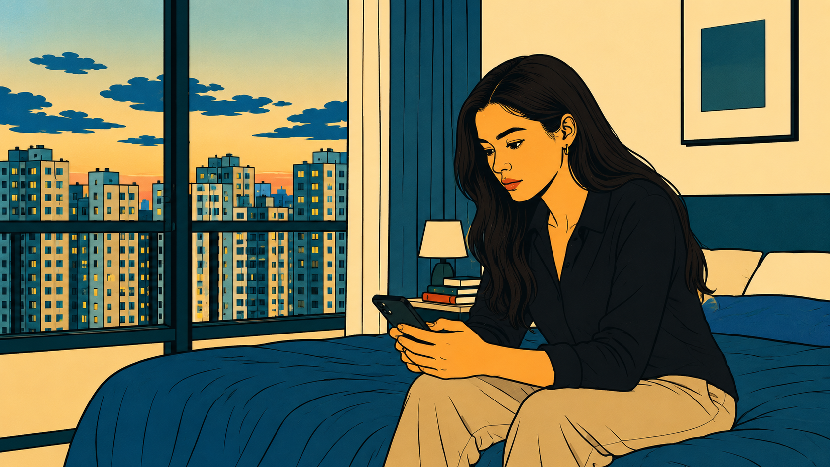 When your life plan stops working, it rarely announces itself — a woman sits on her bed at dawn in a Korean apartment, staring at her phone as the city lights fade outside.