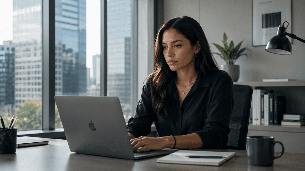 A woman at a modern office desk, present and competent and somewhere else entirely.