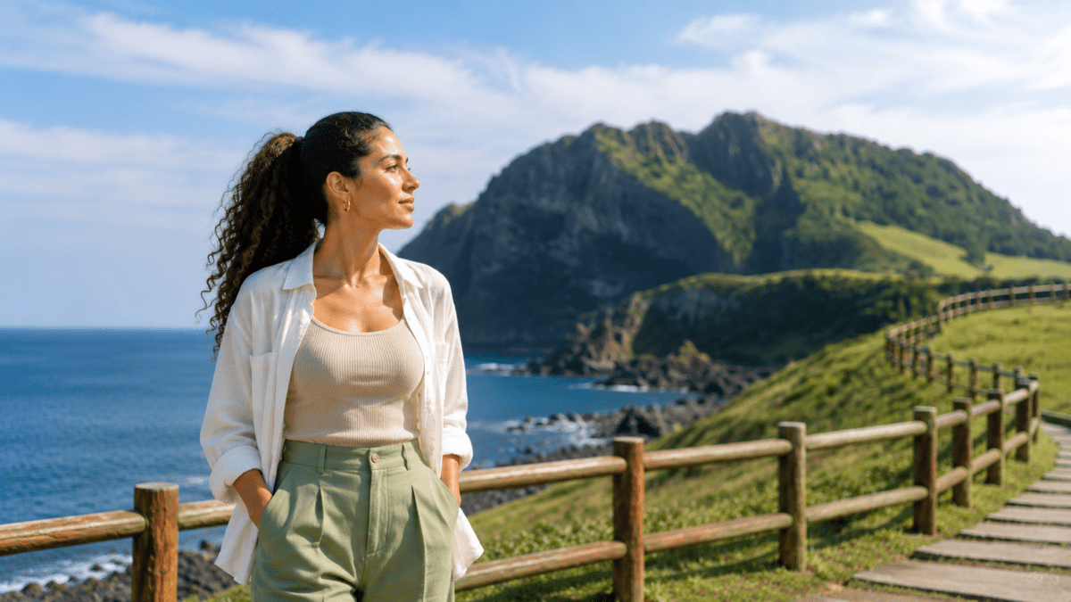 Woman by the coast of Jeju Island, looking out at the open sea — luck runs out and Pyeon-jae in K-Saju.