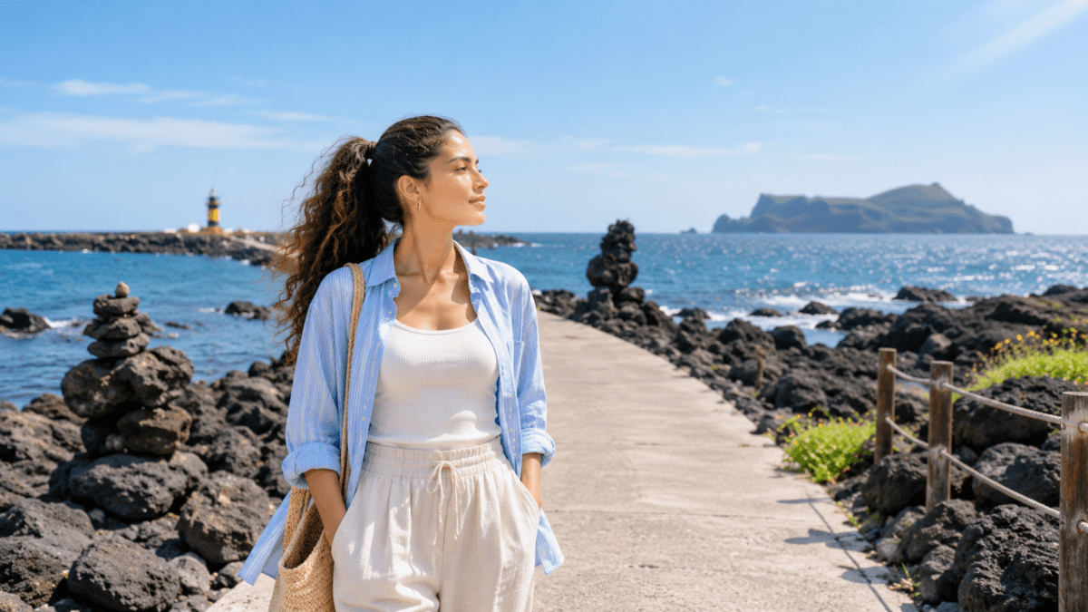 Woman on the Jeju coast with Udo Island in the distance, open to what comes — strong Pyeon-jae and windfall risk in K-Saju.