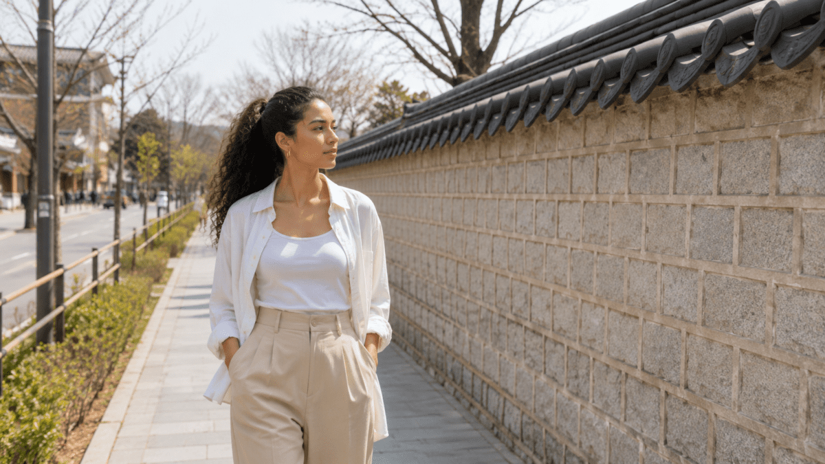Woman walking steadily along a palace wall, building her own path — weak Pyeon-jae and earned foundation in K-Saju.