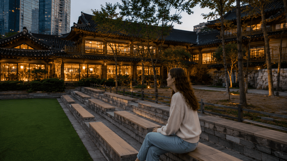 Woman sits alone on stone steps outside a lit Korean hanok at dusk, city towers behind her, the structure finally visible.