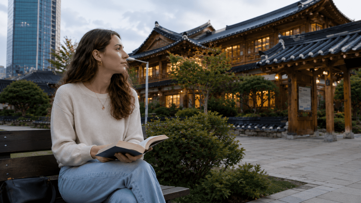 Woman sits on a bench outside a Korean hanok at dusk, book open, stress symptoms in the body finally named after months of asking.