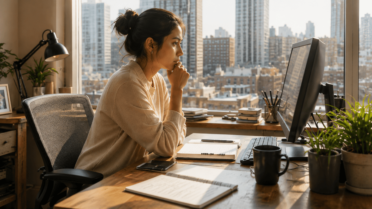 A woman sits at her desk, notebook open, staring at the screen — the work stress cycle visible for a moment, the loop about to resume before the recognition can do anything.