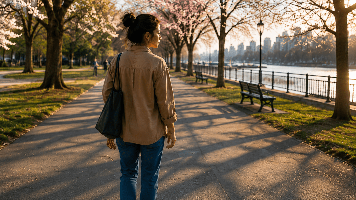 A woman walks alone through a park in bloom, the path stretching ahead — the work stress cycle running underneath, the same route, the same week, the same loop beginning again.