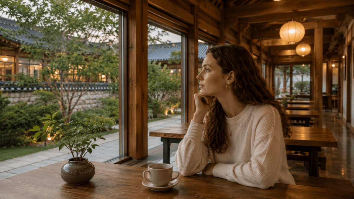 Woman sits alone at a wooden table in a Korean hanok café at dusk, cup beside her, the pattern named but the question still open.