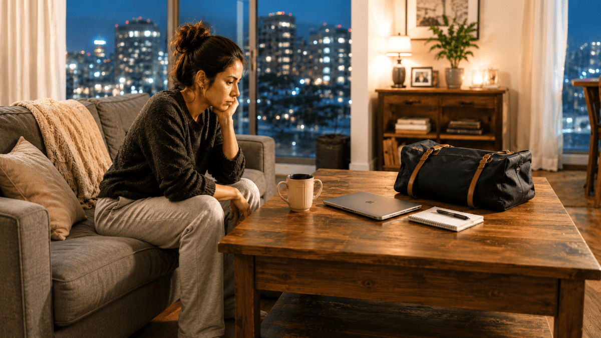 A woman sits alone on a couch at night, laptop and notebook on the table, city lights behind her — the work stress cycle completing itself again, Sunday already becoming Monday.