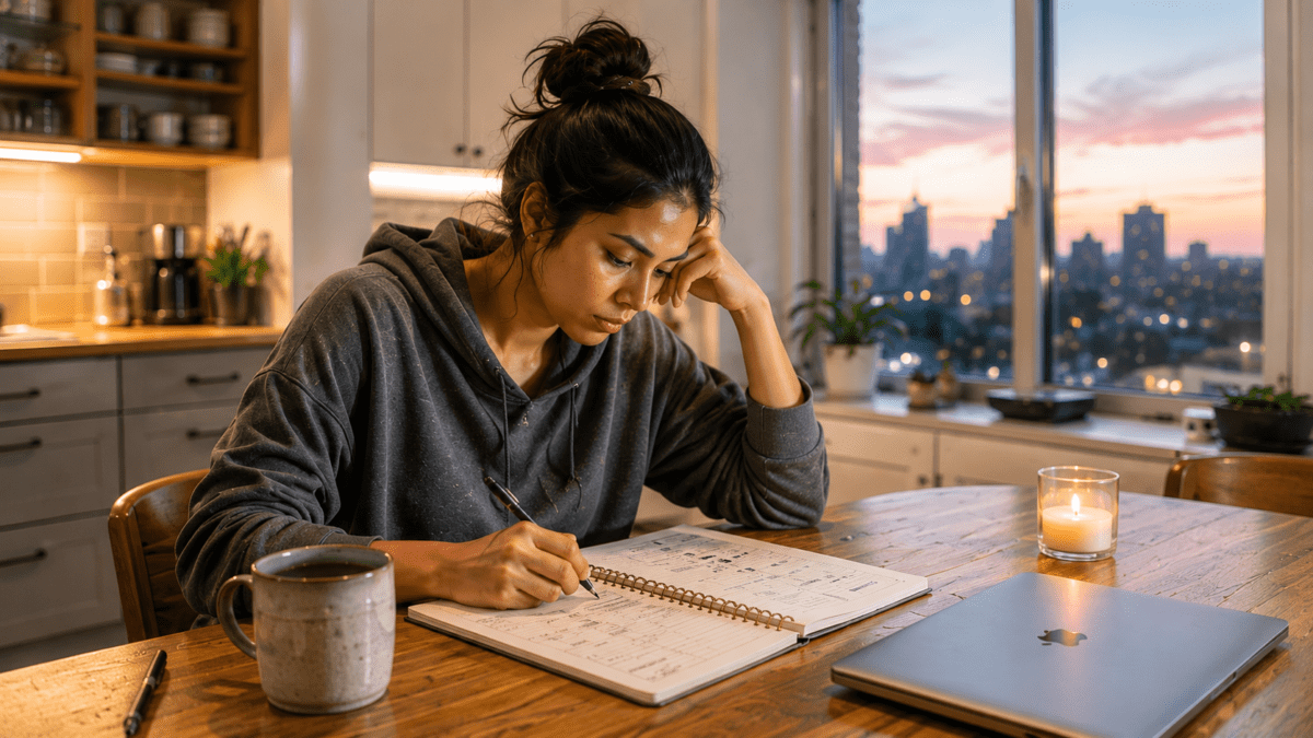 A woman writes in a notebook at dusk, candle lit, laptop beside her — work week dread already at the table, the planning starting before Sunday is finished.