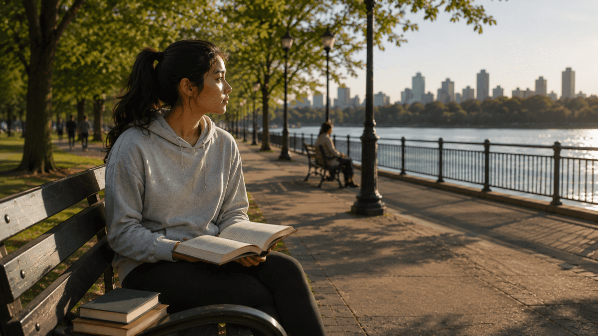 A woman sits on a park bench with an open book, looking away — work week dread already pulling the attention elsewhere, the page unread, Sunday afternoon slipping before it's gone.