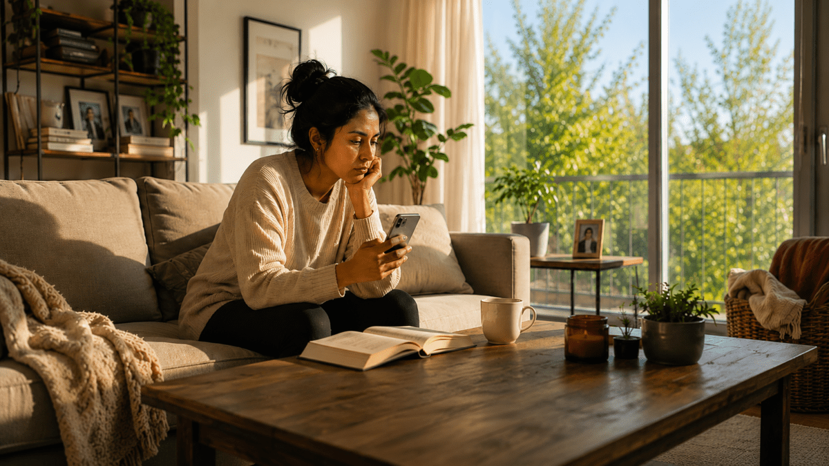 A woman sits on a couch on a bright Sunday afternoon, phone in hand, book open on the table — work week dread already settling in, the weekend narrowing before the evening has even arrived.
