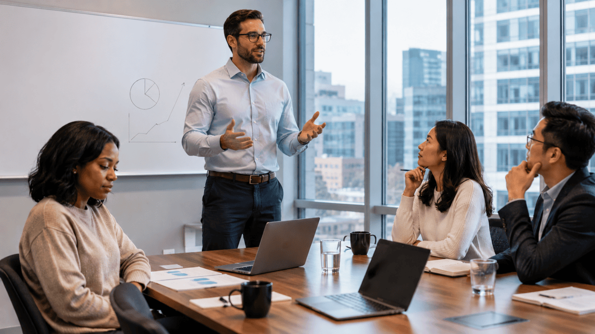 Woman sits at a meeting table with words unspoken, staying silent while credit for her idea goes elsewhere.