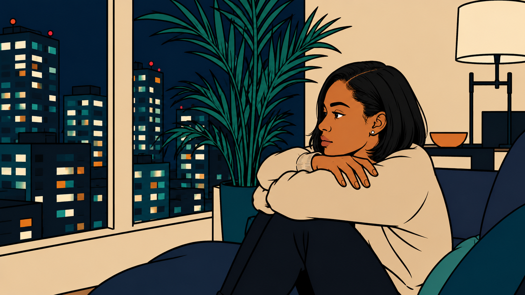 Illustration of a woman lying awake at night replaying a meeting, staying silent still echoing after it ended.