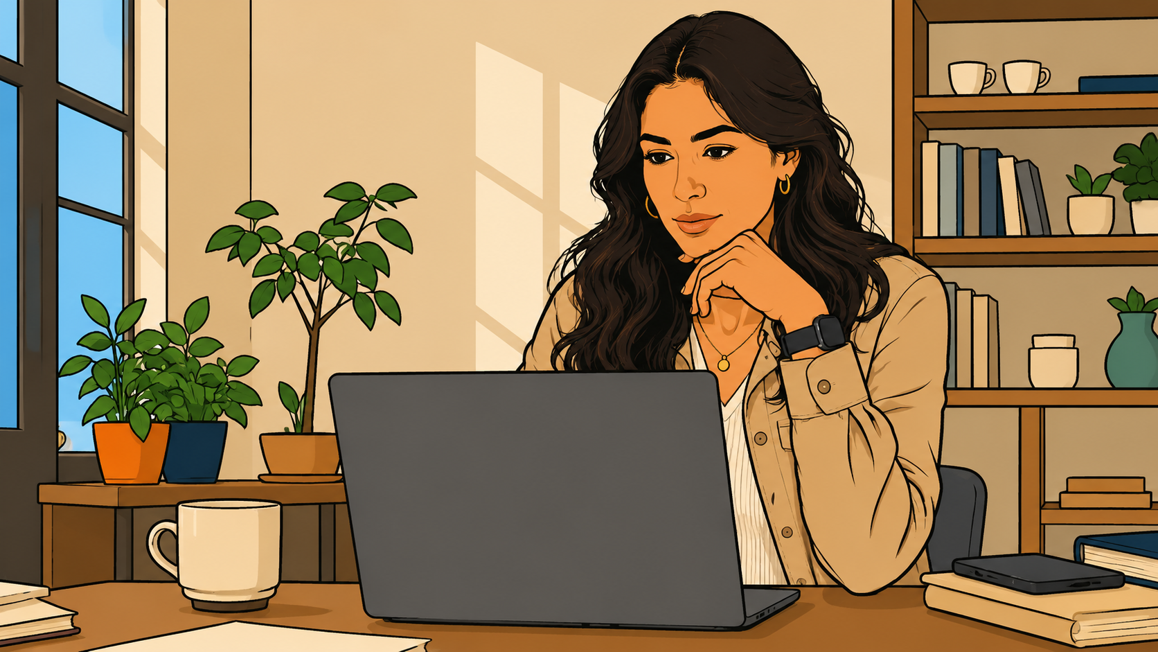 Illustrated woman at home desk, laptop open, city outside the window. The competence trap career — options visible, direction unclear.