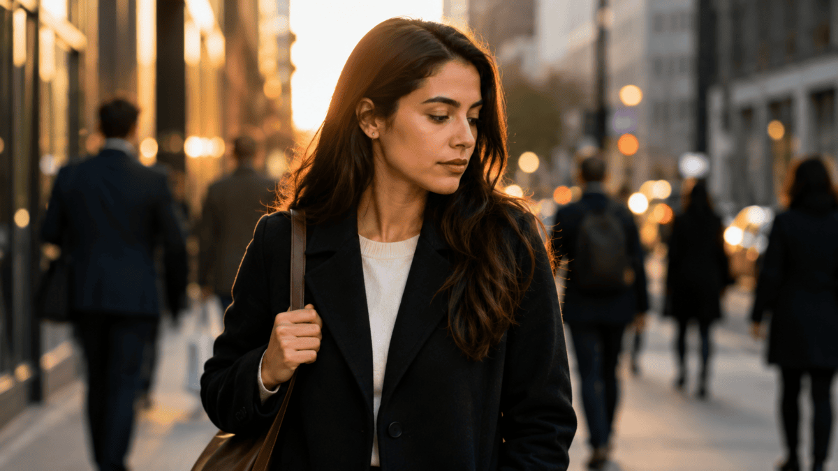 Woman walks home in the evening, calm on the surface, carrying the quiet withdrawal of feeling undervalued at work.