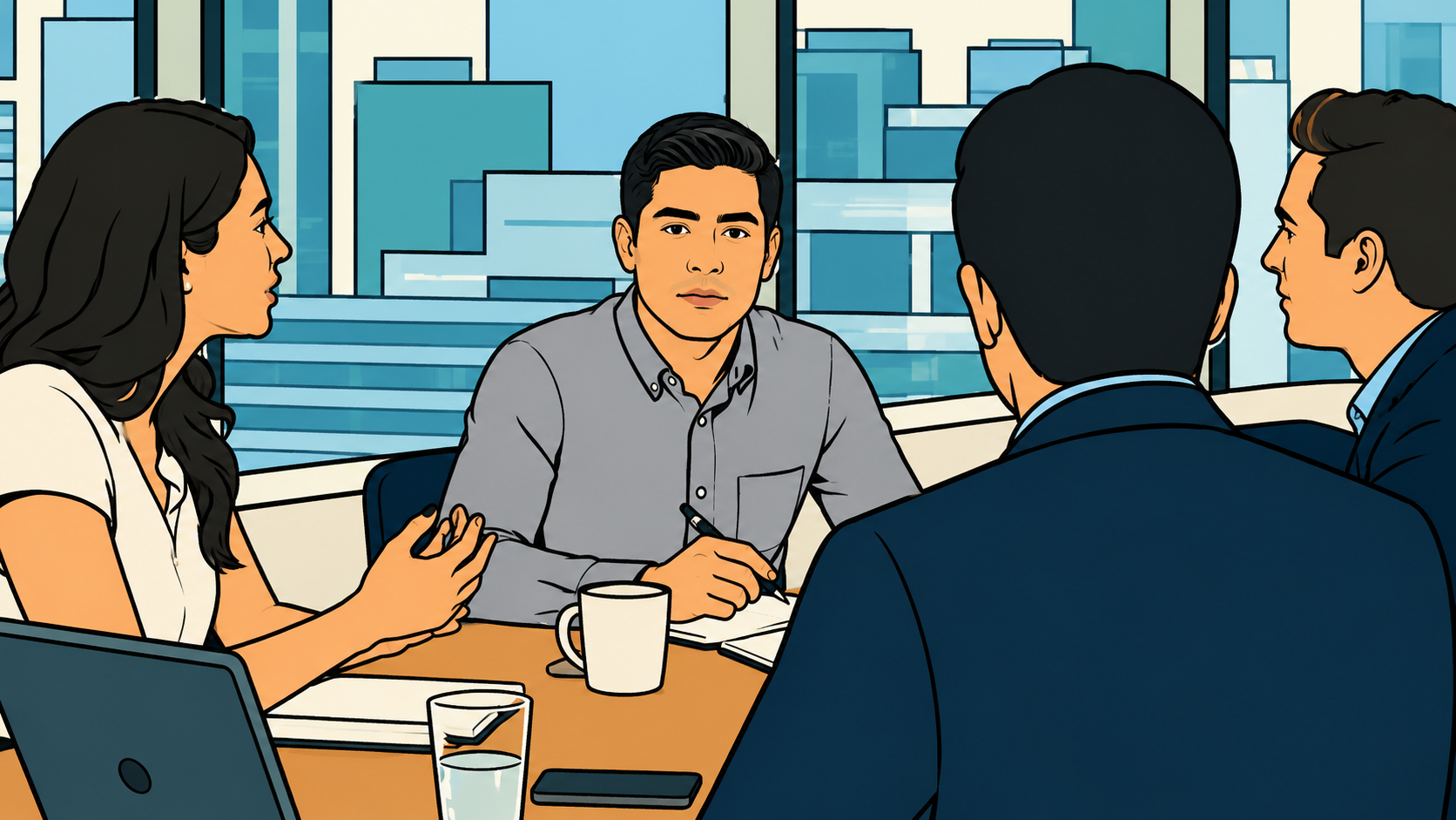 Illustration of a woman sitting still among talking colleagues, feeling undervalued at work and holding an idea back.