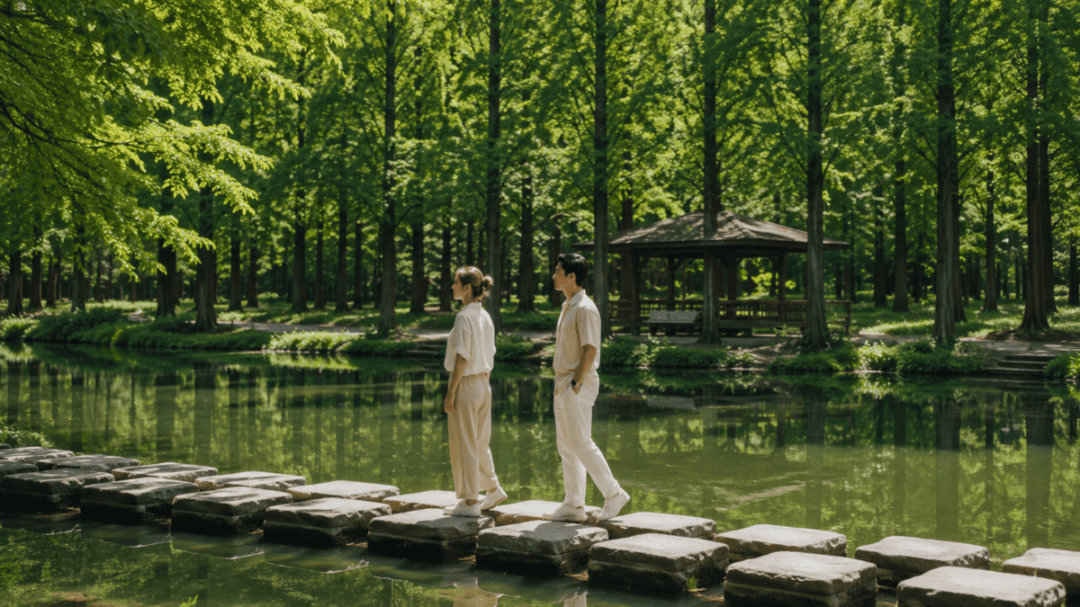 A quiet pause by the pond near Damyang's metasequoia road, where summer reflections linger on the water.