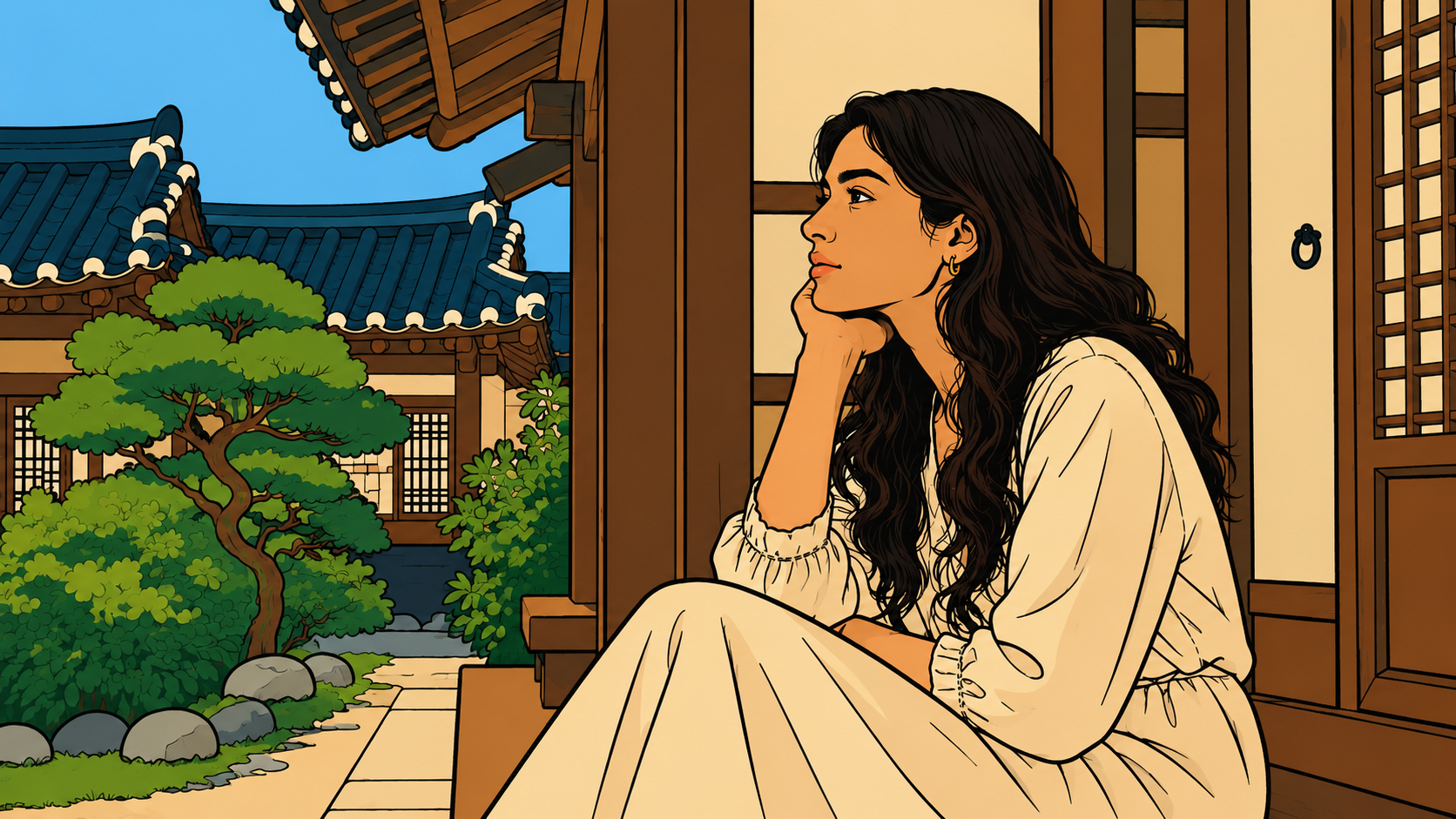 A woman in a white dress sits quietly in a hanok doorway, gazing at the garden — reflecting on the emotional roles we carry