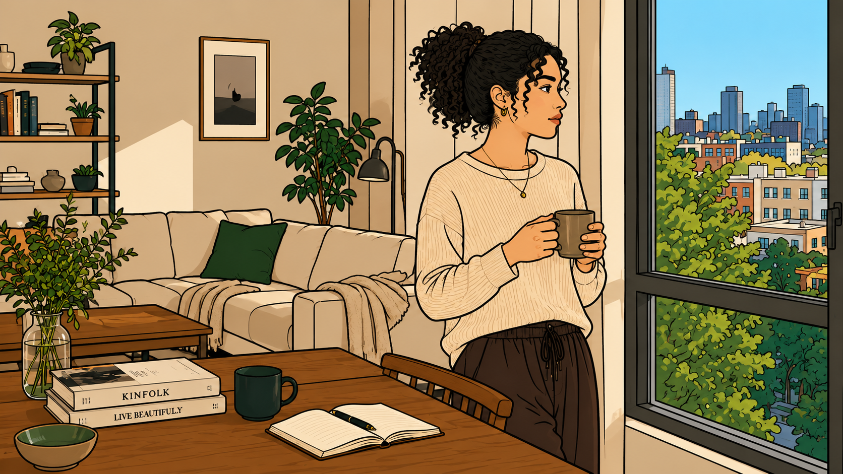Illustration of a woman standing by a window, coffee in hand, in a calm and ordered home — emotional safety all around her, yet the nervous system still waits for chaos that never comes.