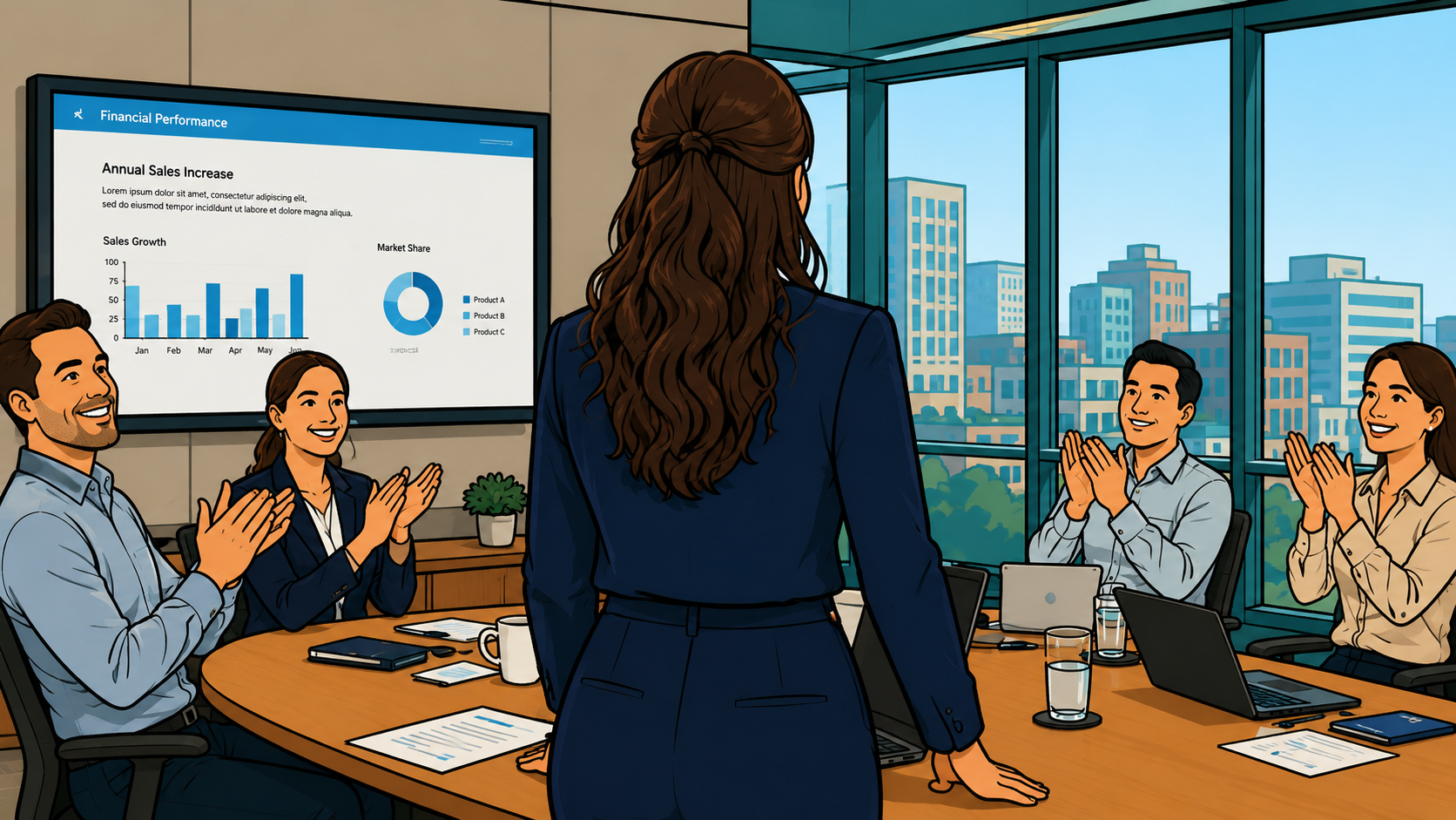 A illustrated woman stands before applauding colleagues after a presentation. She is good at a job you don't love — recognized, reliable, and not quite sure what any of it means.