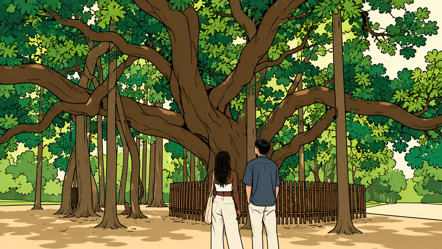 Illustration of a couple beneath a vast old tree, deep summer shade overhead — the cool heart of this Damyang forest.