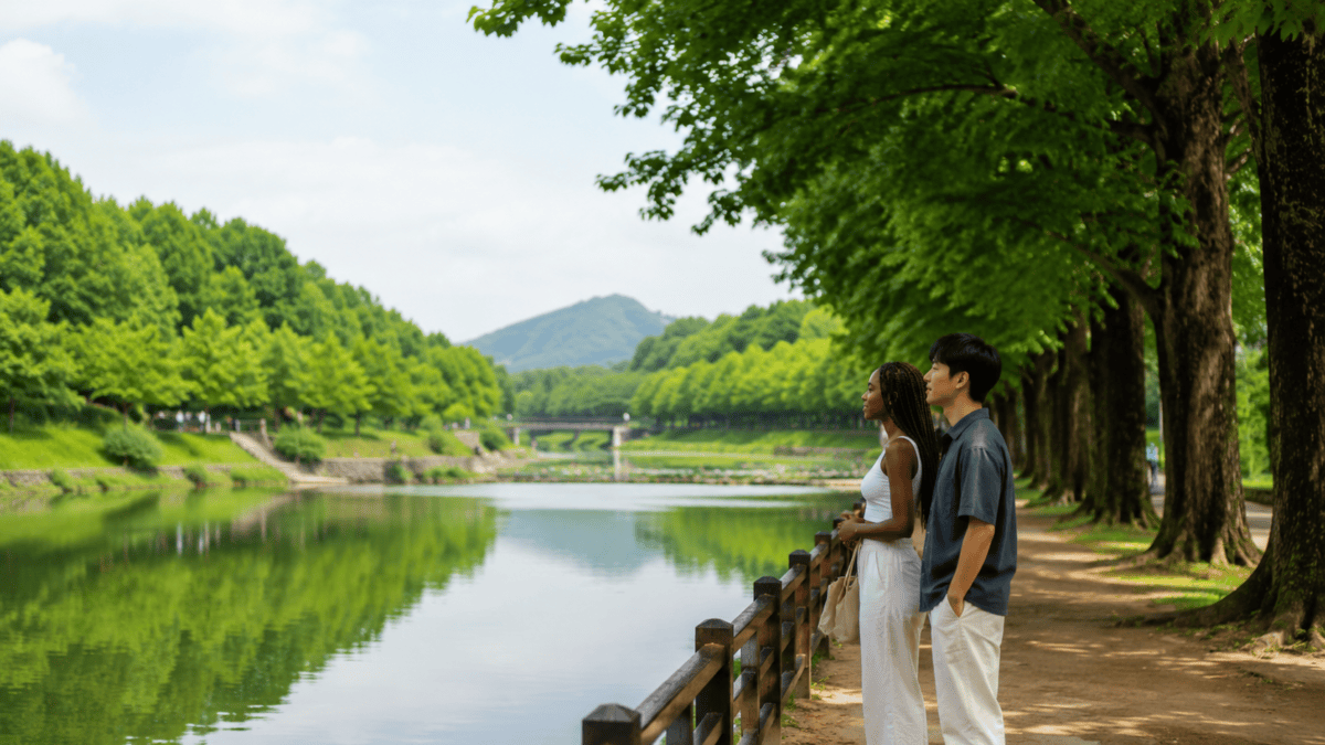 A couple stands at the railing by the stream in Gwanbangjerim, green trees and a low mountain beyond.