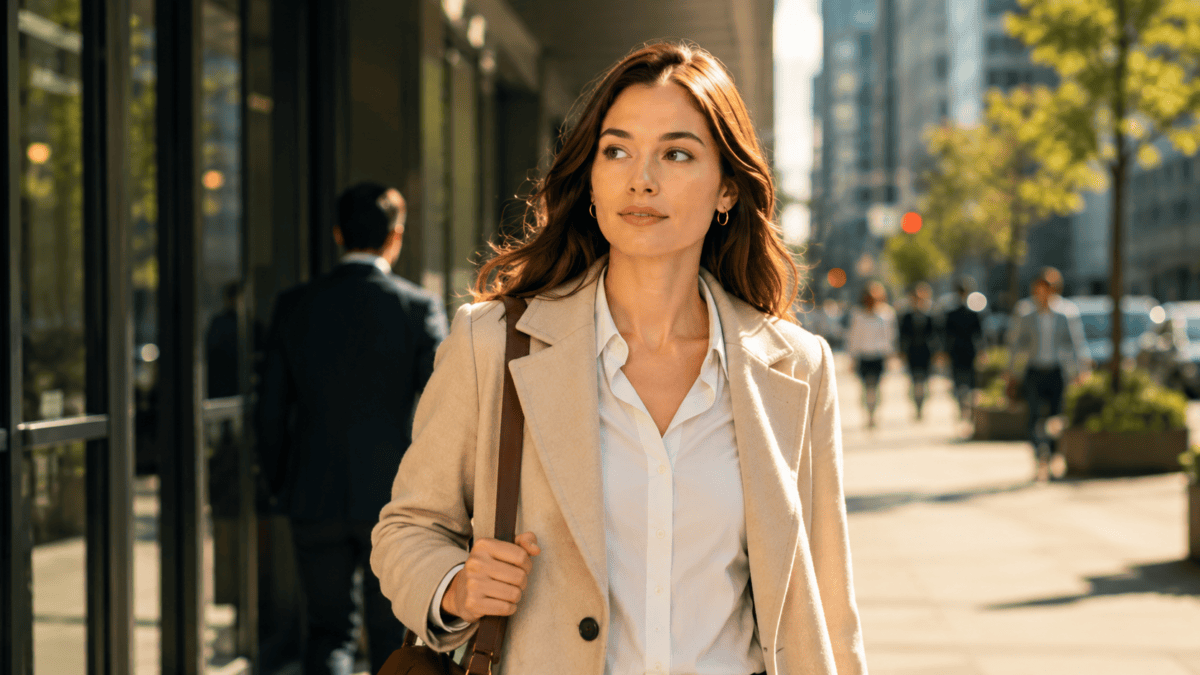 A woman walks forward on a bright city street away from her office building, calm and resolved, showing leaving on time as one path in how to stop quiet quitting.