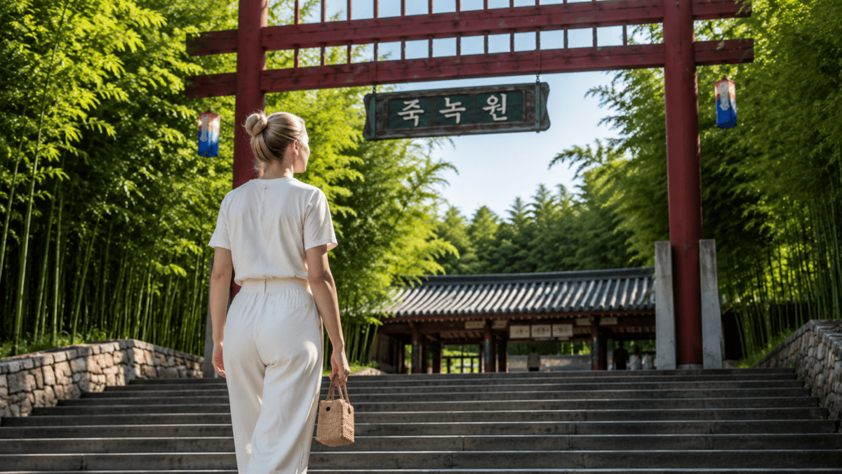 A woman climbs the stone steps into the Juknokwon bamboo forest gate on a bright summer morning.