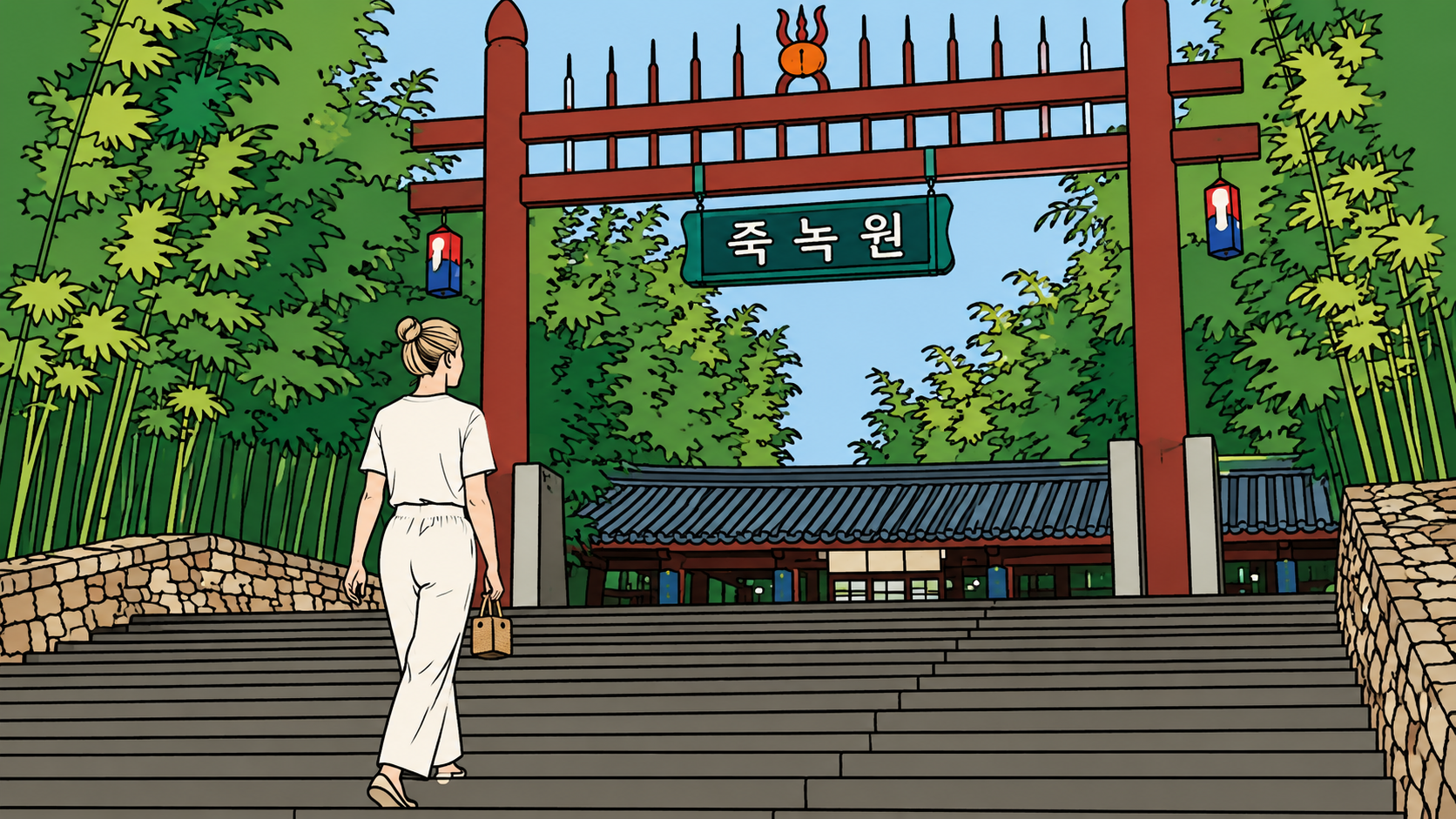 Illustration of a woman entering the Juknokwon bamboo forest gate, stone steps rising into summer green.