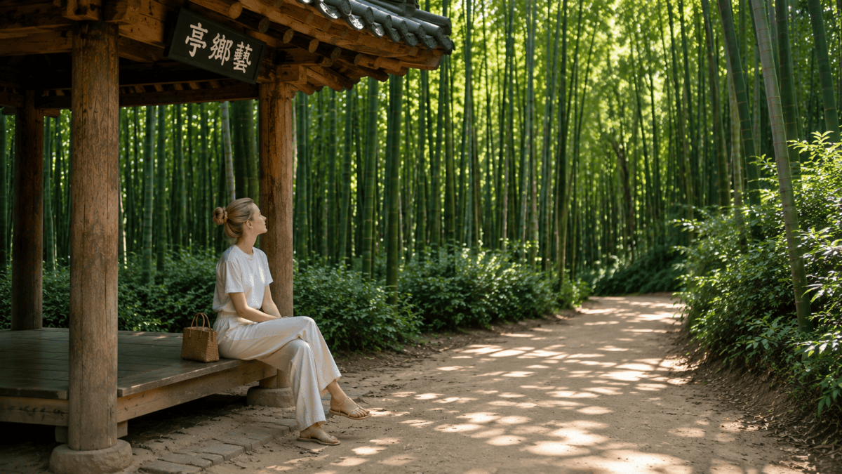 A woman rests by a pavilion in the Juknokwon bamboo forest, looking up at the green filtered light.